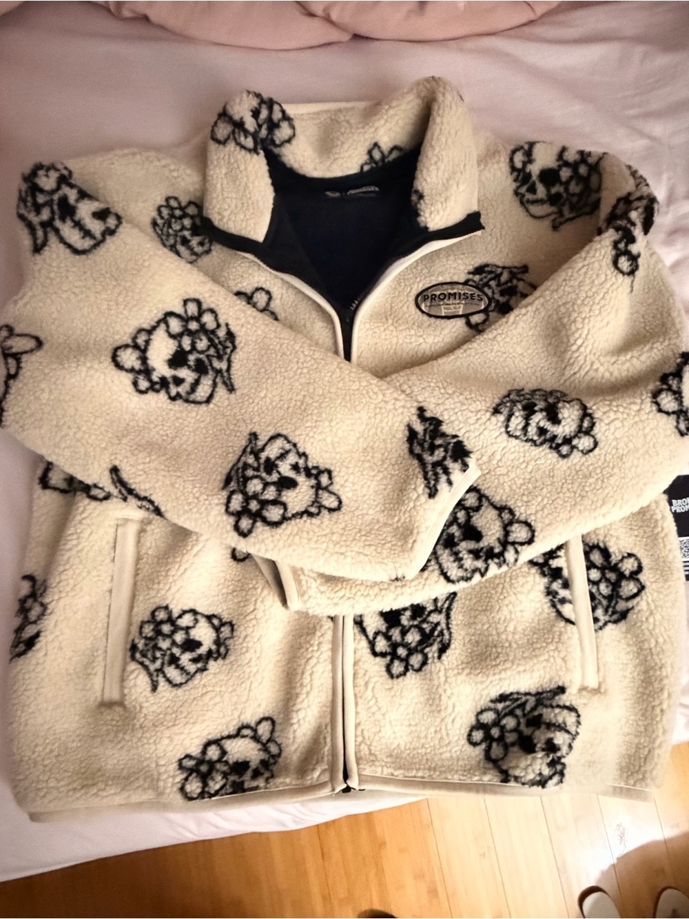 Broke Promises Cream Sherpa Zip-Up Jacket with Black Floral Print
